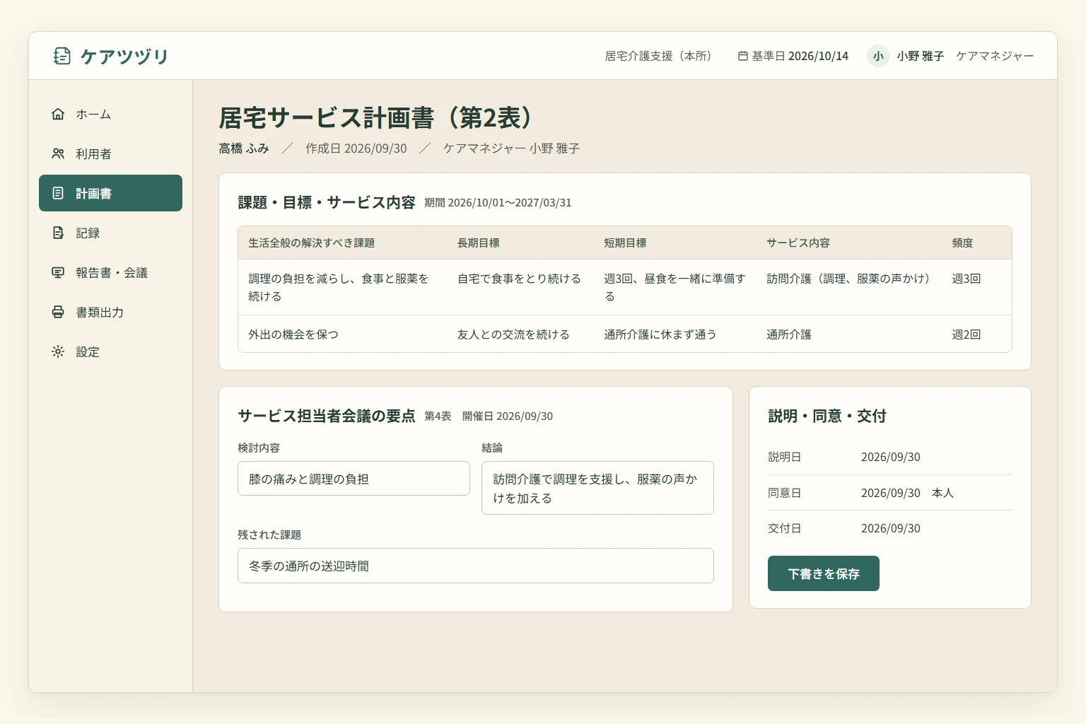 居宅サービス計画書第2表と、サービス担当者会議の要点
