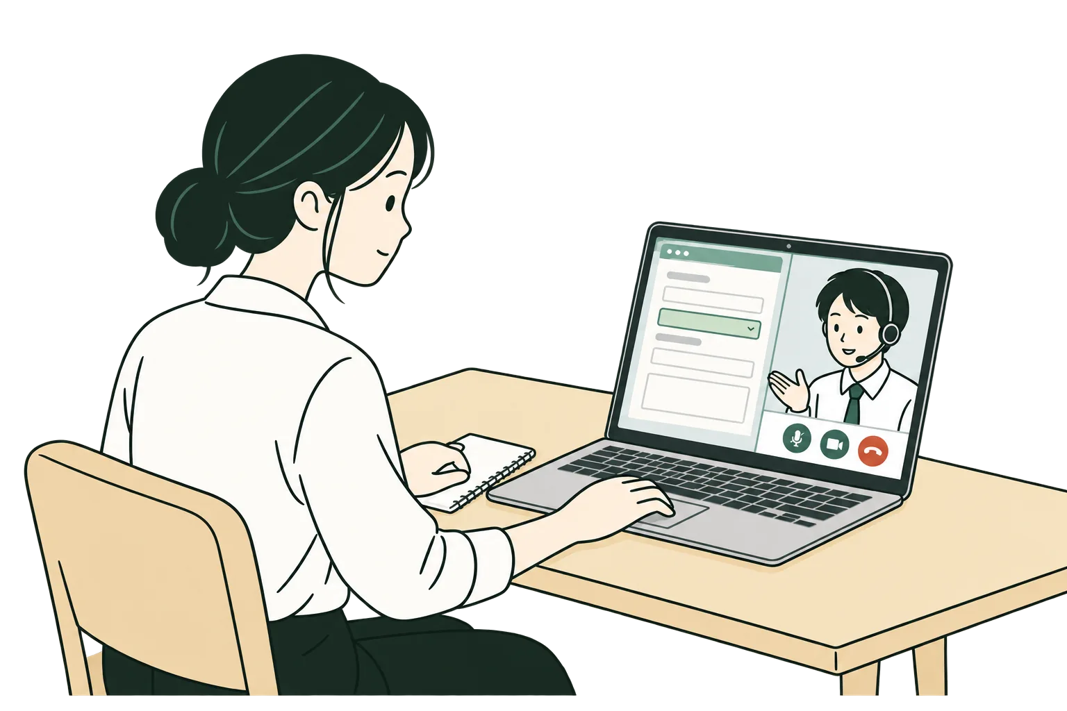 事業所の職員がノートパソコンの画面共有とビデオ通話で導入支援を受ける線画。画面内のヘッドセットを着けた担当者が、共有した入力フォームを説明している